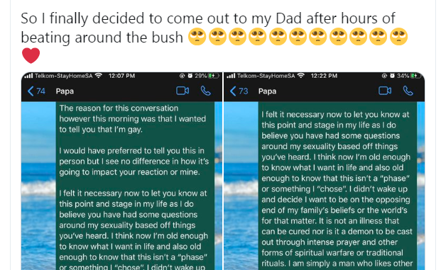 South African Twitter user shares his father’s reaction after he came out as gay